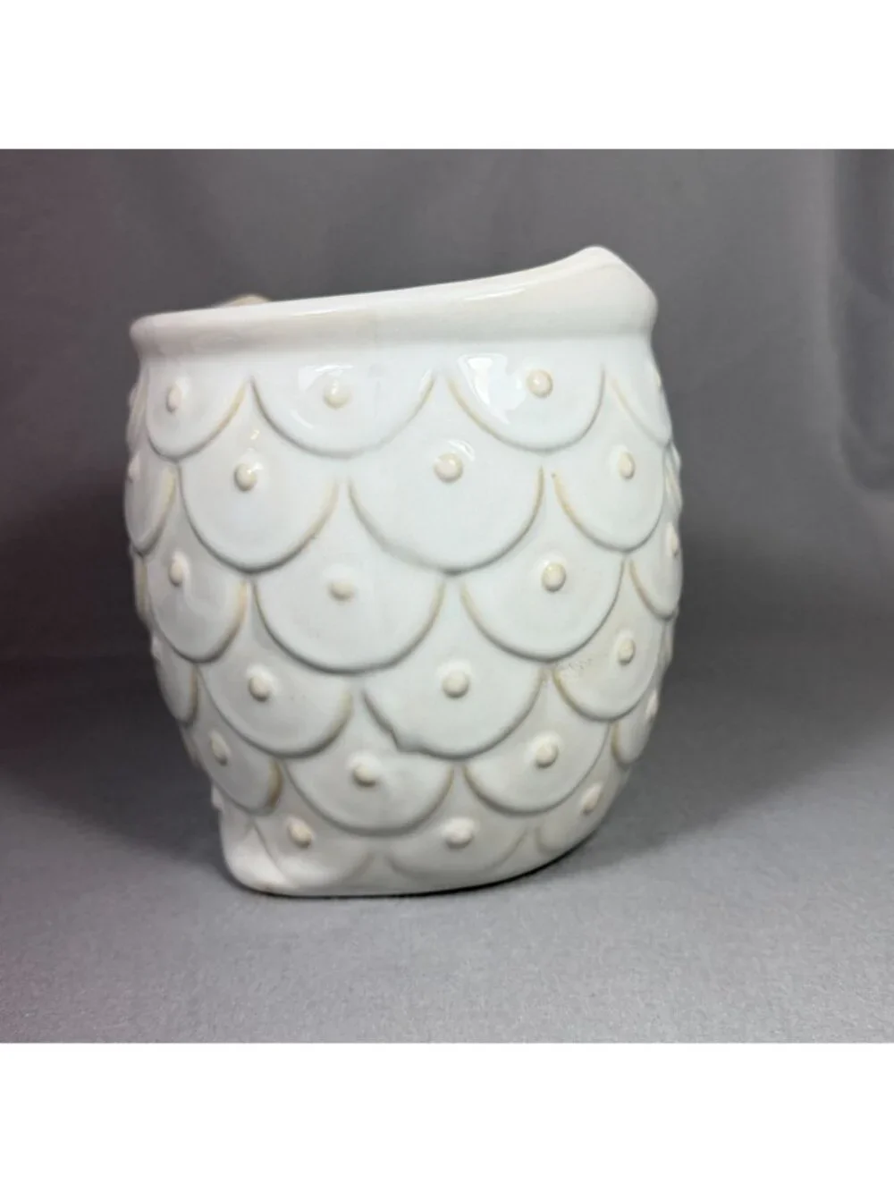 White Ceramic Owl Utensil Holder Crock Embossed Boho Farmhouse Kitchen Decor